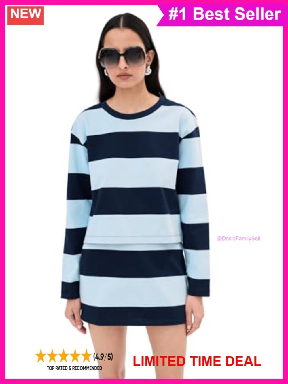Long Sleeve Crop Top with Stripe Pattern Crew Neck Pull On